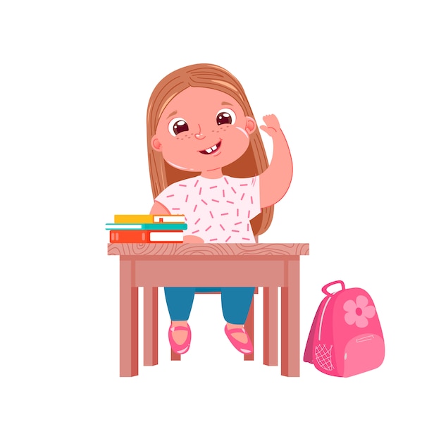 Free vector a little cute girl character at desk on lesson