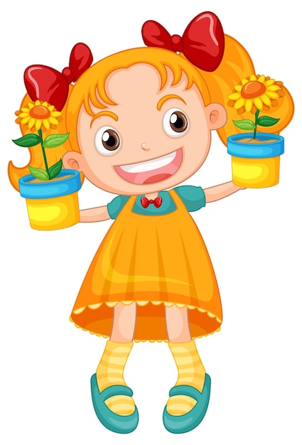 Little cute girl holding flower pot