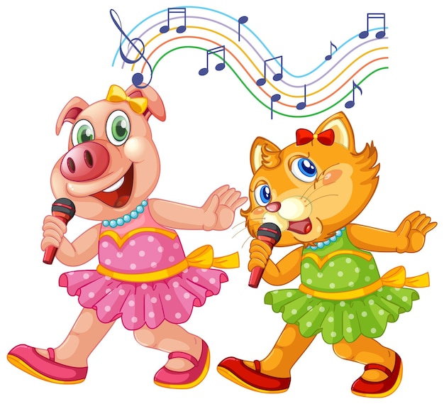 Little cute piglet and kitten singing with microphone