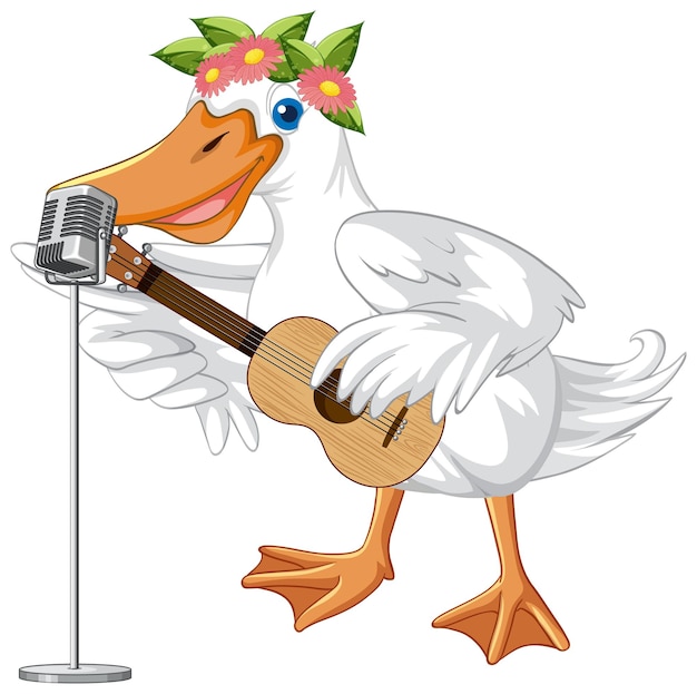 Free vector little duck play guitar and singing on white ground