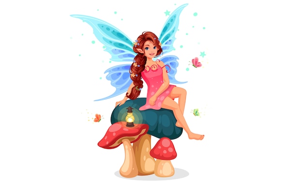 Little fairy sitting on mushroom