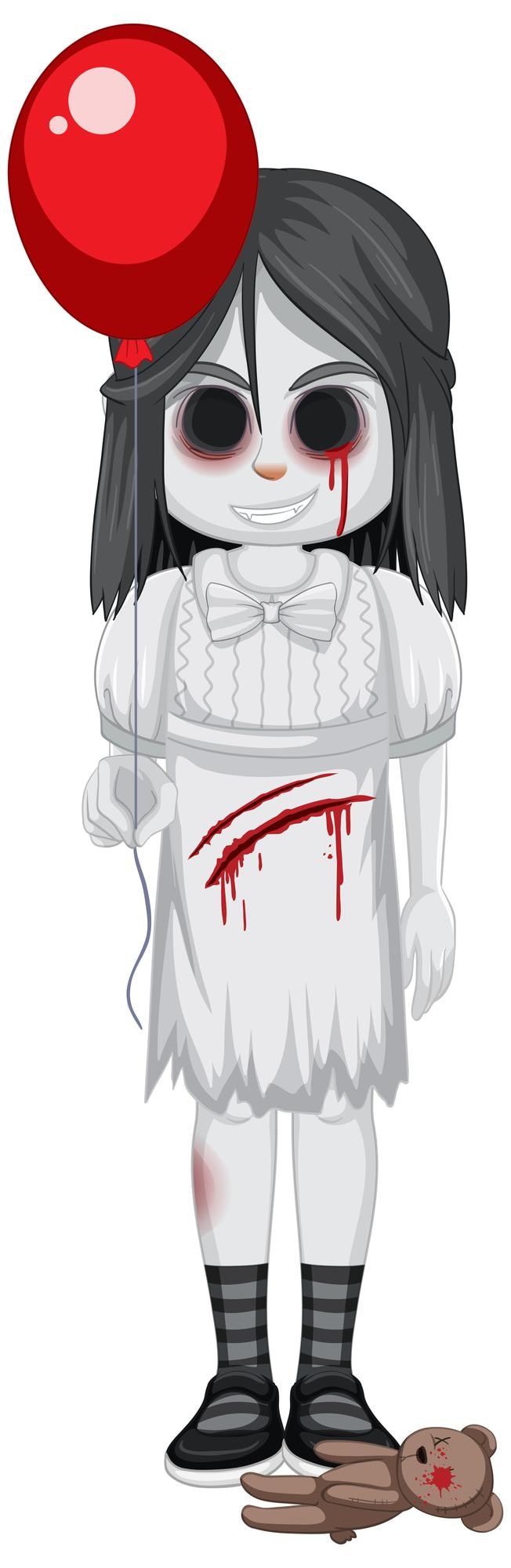 無料Vector 赤い風船を持っている黒い目を持つ小さな幽霊の女の子