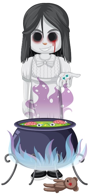 Little ghost girl with black eyes and spelling potion pot