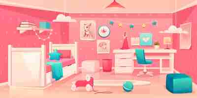 Free vector little girl bedroom cozy interior cartoon