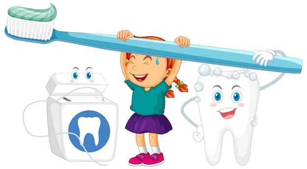 Free vector a little girl and big tooth holding toothpaste with whiten teeth