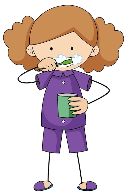 Little girl brushing teeth doodle cartoon character isolated