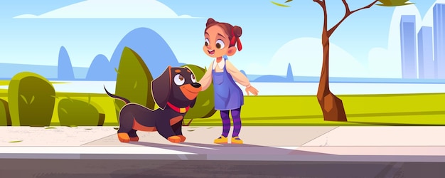 Free vector little girl caress cute dachshund dog on street