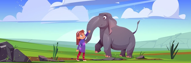 少女は自然の風景で象を愛撫します