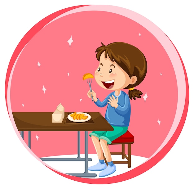 Free vector little girl eating fruit eating on the table