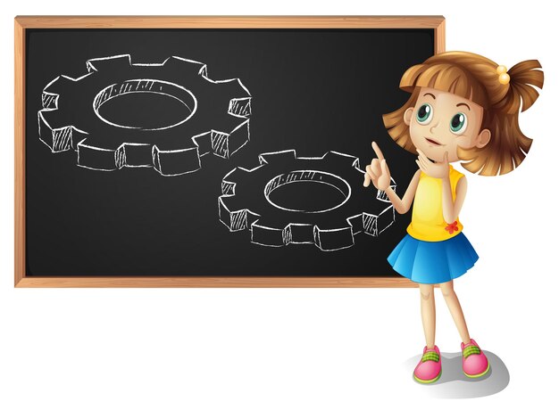 Little girl and gears on blackboard