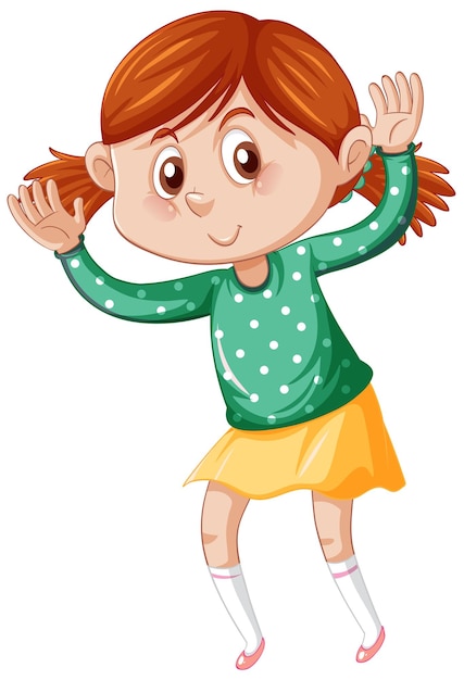 Free vector little girl in green shirt dancing cartoon character on white ba