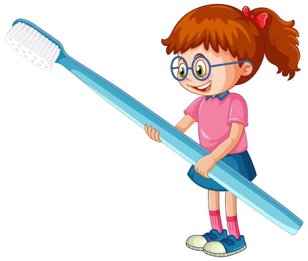 A little girl holding toothbrush on white background