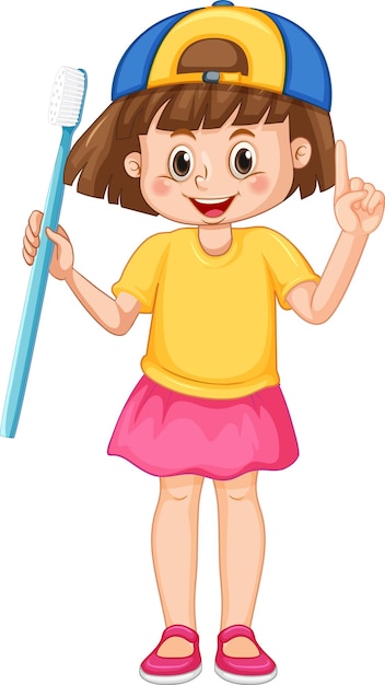Маленькая девочка держит зубную щетку на белом фоне