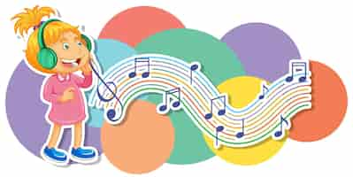 Free vector a little girl listen to music with music notes on white backgrou