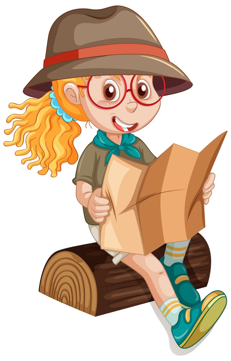 Free Vector little girl on log reading a map