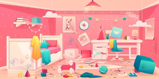 Free vector little girl messy bedroom cartoon interior