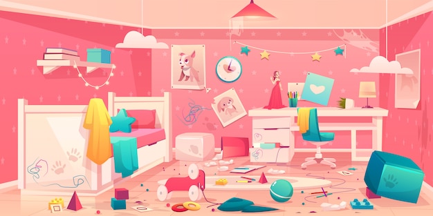 Little girl messy bedroom cartoon interior