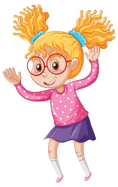 Little girl in pink shirt dancing cartoon character on white bac