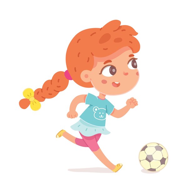 Little girl playing football happy little kid playing sport activity Smiling child kicking ball by foot and running side view isolated on white background