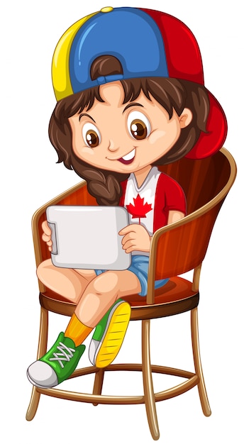 Free vector little girl playing game on tablet