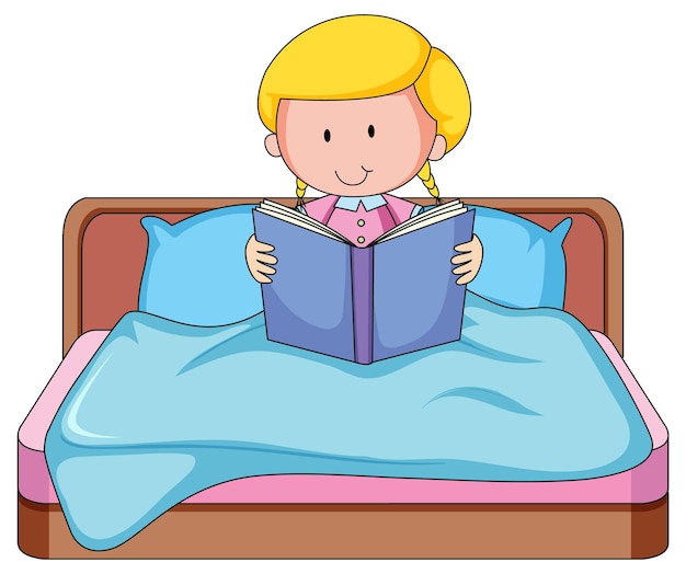 Free vector little girl reading a storytelling book on the bed