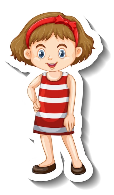 Free vector little girl in red dress cartoon character sticker