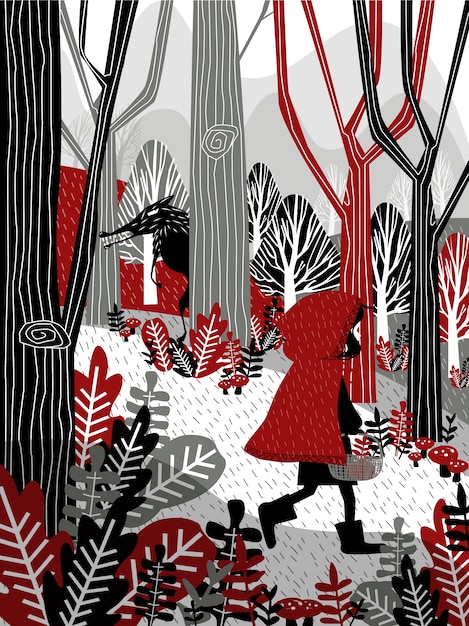 Little girl in red hood walking in forest 