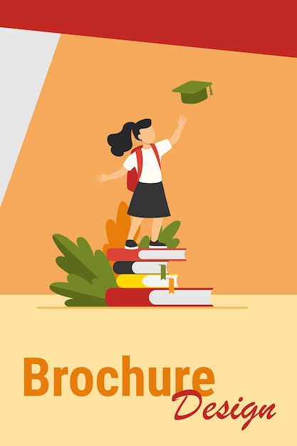 Free vector little girl standing on pile of books. study, school, pupil flat vector illustration. education and knowledge concept for banner, website design or landing web page