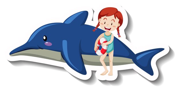 Little girl in swimsuit with inflatable dolphin