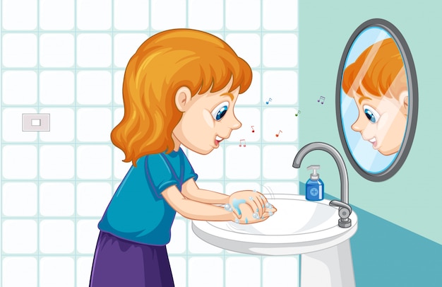 Free vector little girl washing hands in the sink