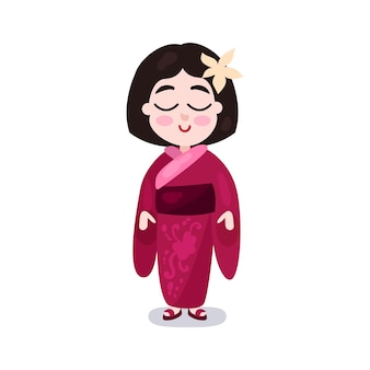 흰색 바탕에 일본 국가 화려한 벡터 일러스트 레이 션의 기모노 전통 의상을 입고 어린 소녀