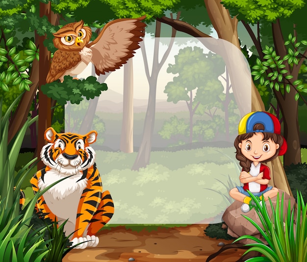 Little girl and wild animals in jungle