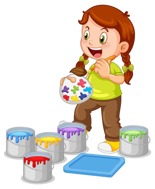 Free vector little girl with buckets of paints