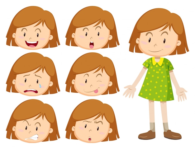 Free vector little girl with many facial expressions illustration