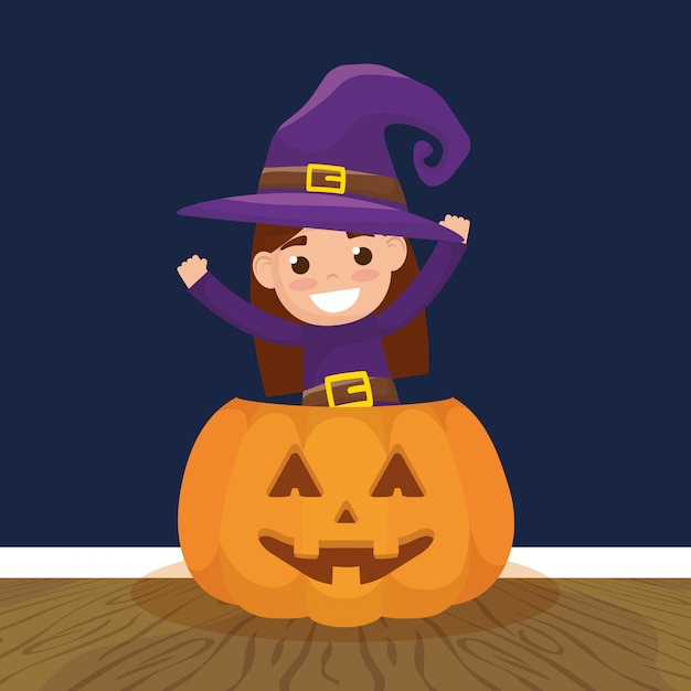Free vector little girl with witch disguise and pumpkin