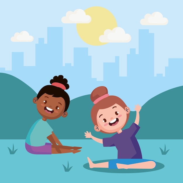 Little girls yogas in landscape