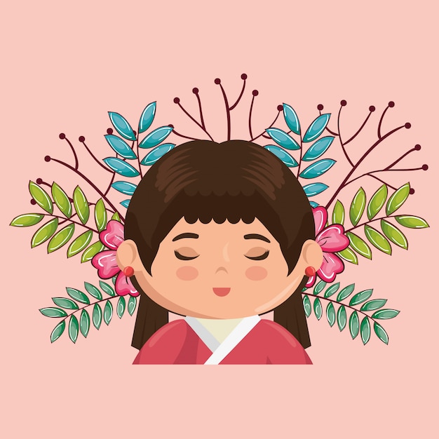 Free vector little japanese girl kawaii with flowers character