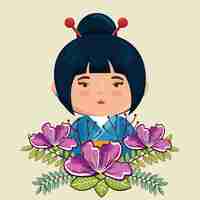 Free vector little japanese girl kawaii with flowers character