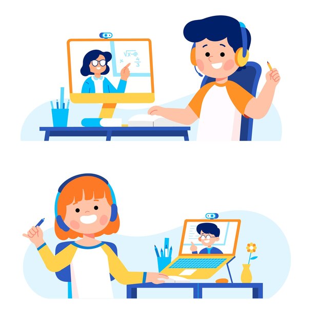 Маленький ребенок-студент делает онлайн-обучение, учебный курс, домашняя школа с компьютерным ноутбуком, интернет-иллюстрацией