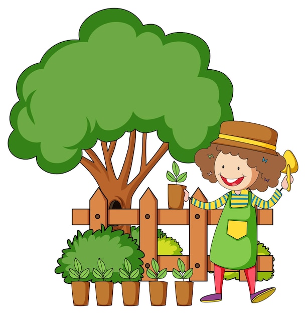 Free vector little kids cartoon character in the garden