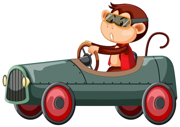 Little monkey driving race car on white background