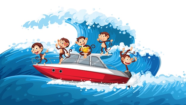 Маленькие обезьяны на скоростной лодке на океанской волне