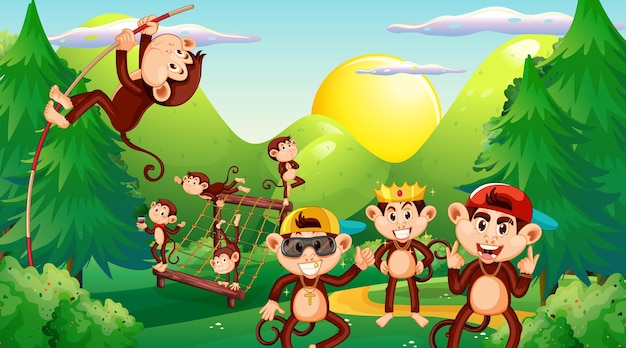 Vettore gratuito piccole scimmie che giocano nella scena della foresta
