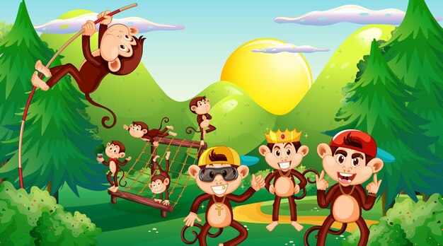 Little monkeys playing in forest scene