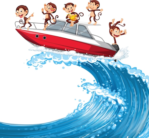 Free vector little monkeys on speed boat on ocean wave
