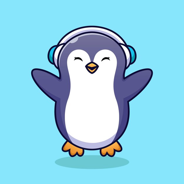 Little penguin icon using headset for winter animal logo