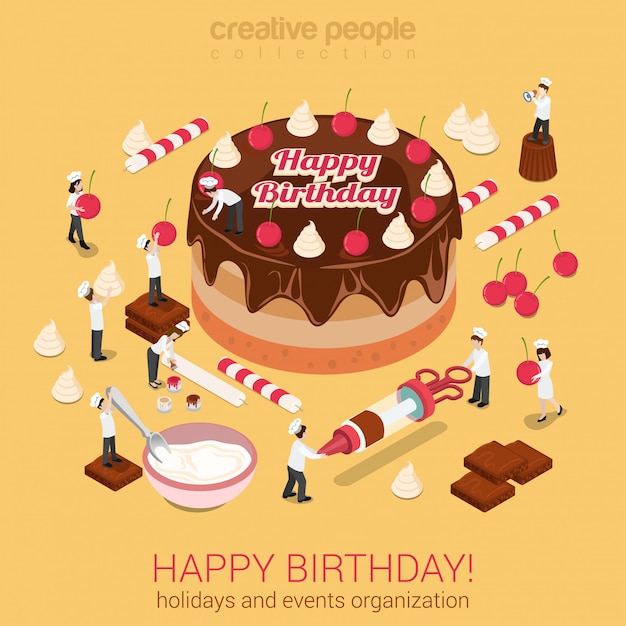 Little people make cake with inscription happy birthday isometric vector illustration. holidays events organization or confectioner business concept.