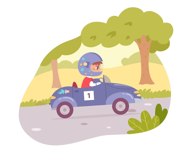 작은 레이서 운전 속도 장난감 파란색 자동차 경주 경쟁에 안전 헬멧에 재미 귀여운 아이 흰색 절연 수송에 번호 1 로켓 차량 챔피언을 타고