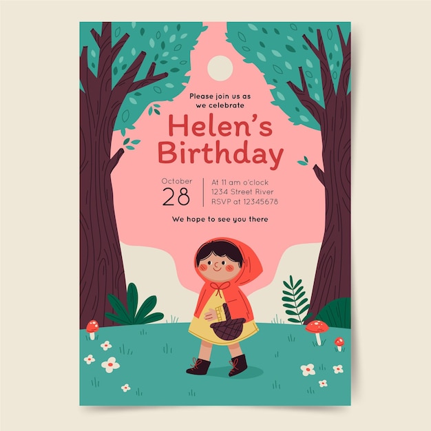 Free vector little red riding hood birthday invitation template