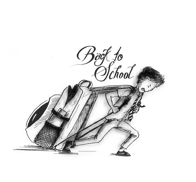 작은 학교 학생은 학교 벡터 삽화로 돌아가라는 텍스트가 있는 무거운 가방을 당깁니다.
